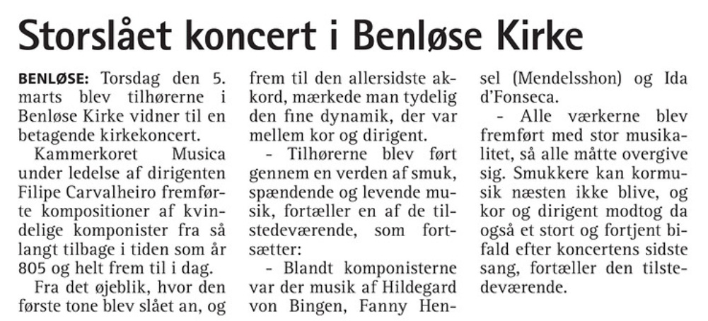 Anmeldelse af Musicas koncert "Kvindetstemmer" i Benløse kirke